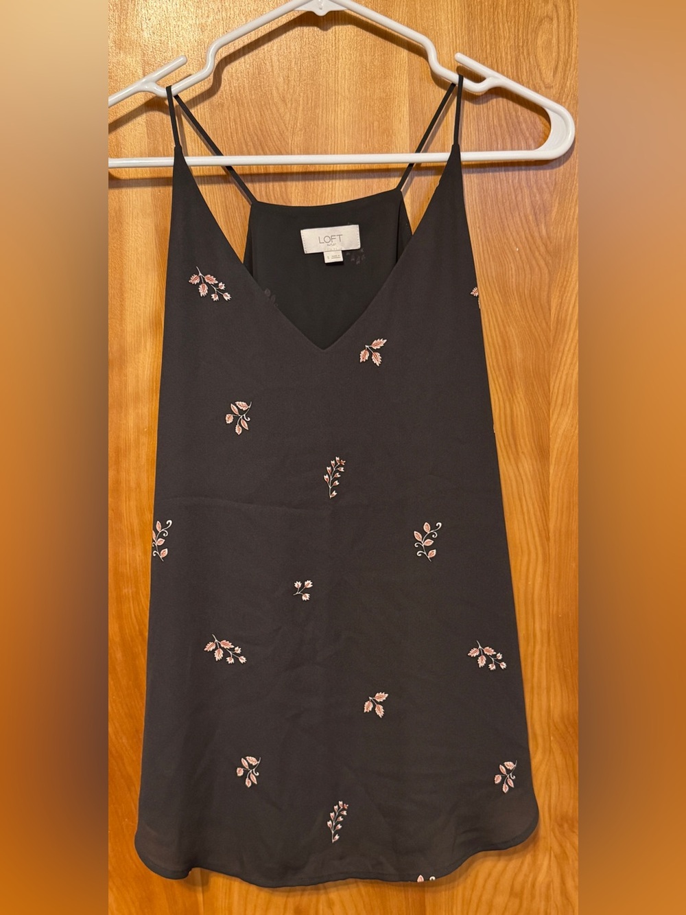 LOFT Dark Gray Sleeveless V-Neck Camisole with Pink Floral Embroidery